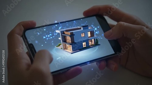 Hands holding a smartphone displaying a 3D model of a modern house with glowing blue light