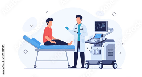 Doctor Consults Patient Near Ultrasound Machine in Medical Office