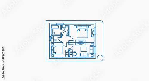 A blueprint illustration depicts a detailed floor plan of a building indoors.