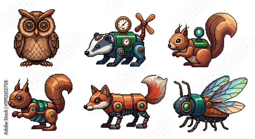 Steampunk Robotic Animal Set with Owl Fox Squirrel and Badger Cyborgs