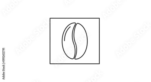 Minimalist Coffee Bean Icon in Square Frame, Simple Line Art, Black and White