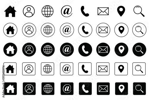 Contact icon set with eight different icons with different style