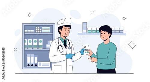 Doctor giving prescription to patient in clinic, medical consultation, healthcare concept
