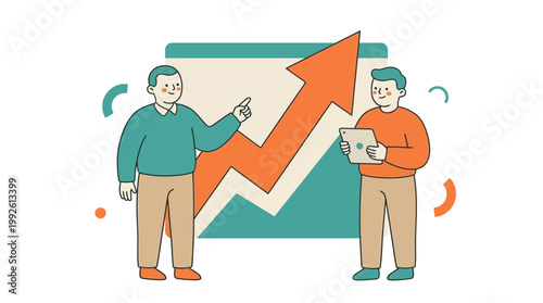 Business professionals discussing financial growth with upward trending arrow illustration