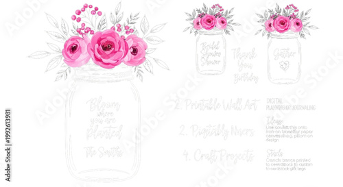 Watercolor Pink Floral Mason Jar Designs Rustic Celebration Graphics for Wedding Bridal Shower Birthday Event Invitations