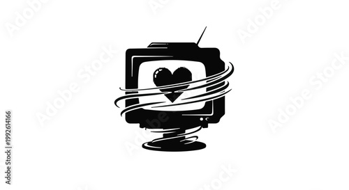Television set displays a heart symbol surrounded by swirling motion lines to depict emotional media.