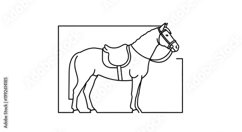 Line Art Illustration of a Saddled Horse Standing Still, Equestrian Sport Concept