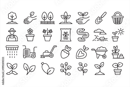 Farming and gardening icons, plant growth stages, tools, irrigation, eco sustainability symbols for UI systems