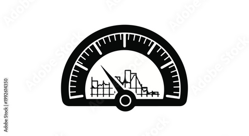 Speedometer gauge displays a needle pointing toward high levels to symbolize performance and measurement.