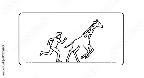 Man Chasing Giraffe Running Away, Outline Illustration