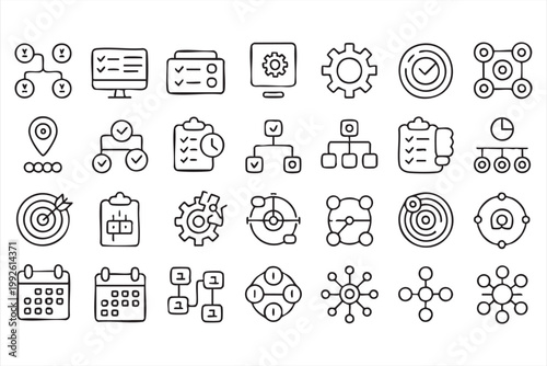 Workflow process management icon set, project organization, task tracking, productivity tools for web and mobile UI