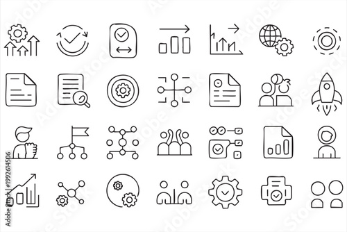 Business growth and strategy icons, analytics, performance tracking, startup development symbols for web and app UI