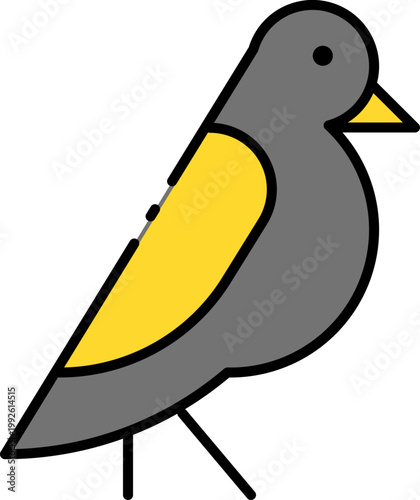 Stylized vector icon of a small bird with a grey body and bright yellow wing. Clean line art illustration suitable for nature-themed digital designs and educational graphics