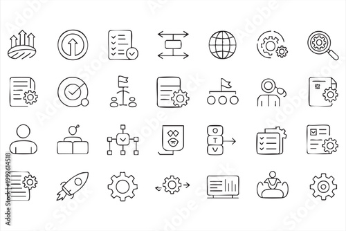 Business analytics and growth icons, strategy, performance metrics, startup development symbols for UI systems