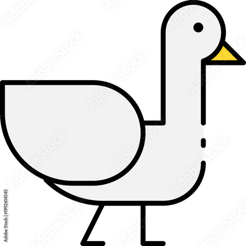 Minimalist flat design icon depicting a white duck with a yellow beak, symbolizing farm animals, nature, and avian wildlife, suitable for various graphic applications