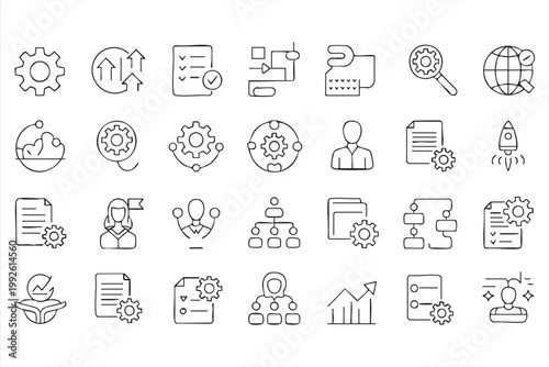 Corporate strategy and growth icons, analytics, performance tracking, business planning symbols for applications