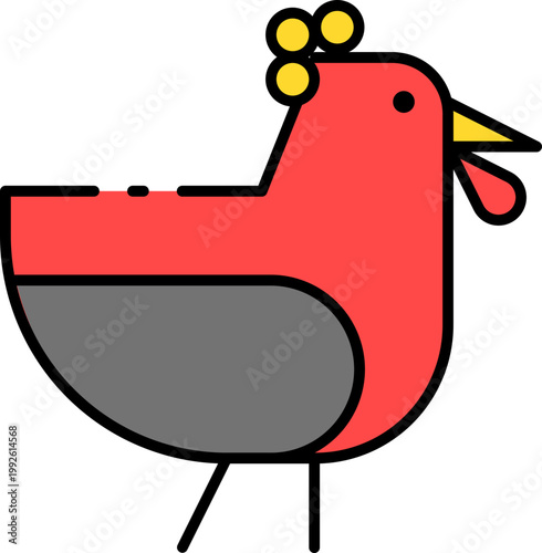 Cute red cartoon chicken with yellow comb and wattle, simple vector illustration for children's books or farm themes