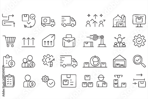 Logistics delivery and supply chain icons, shipping, warehouse operations, courier service symbols for web and app UI