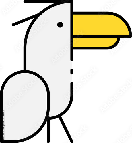 Simple flat vector illustration of a stylized toucan bird with a prominent yellow beak, featuring clean lines and a minimalist design