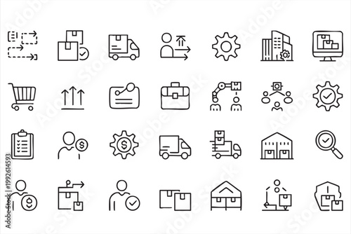 Supply chain and logistics icon set, delivery, shipping, inventory tracking, distribution symbols for interface design