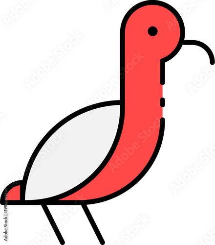 Minimalist illustration of a red bird with a long beak, representing a stylized ibis or wading bird in a simple, modern design
