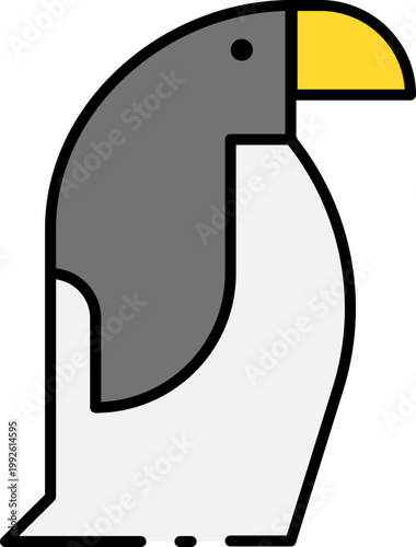 Minimalist vector flat design icon of a penguin. Simple animal illustration with a yellow beak, ideal for web, app, and graphic design, symbolizing arctic wildlife