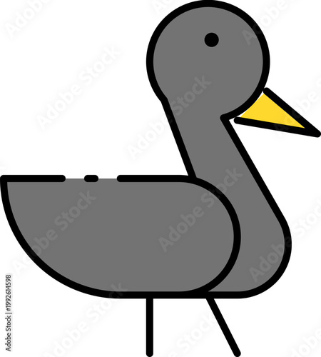 Minimalist gray duck icon with yellow beak, clean line art illustration for web design and digital graphics. Simple vector animal symbol