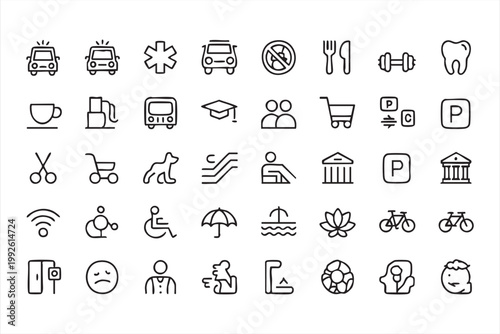 Public services and transport icons, facilities, healthcare, education, accessibility symbols for web and app UI