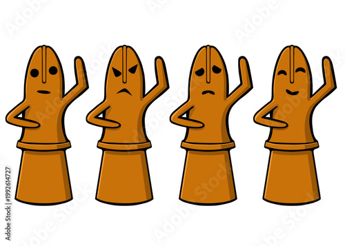 古代日本の人物埴輪の表情4種セット（喜怒哀楽・テラコッタ・白背景）：Set of 4 Japanese Haniwa clay figures with different facial expressions. Joy, Anger, Sorrow, and Pleasure. Terracotta style, white background.