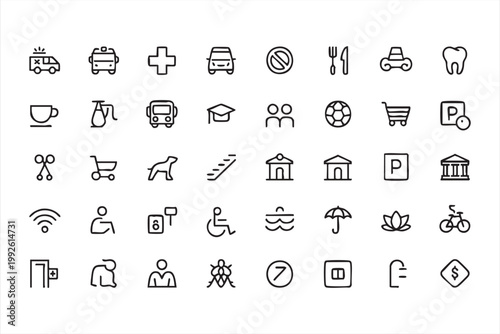 Urban infrastructure and public service icon set, transport, mobility, facilities symbols for interface design