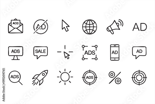 Digital marketing and advertising icons, ads promotion, campaign targeting, sales growth symbols for web and app UI