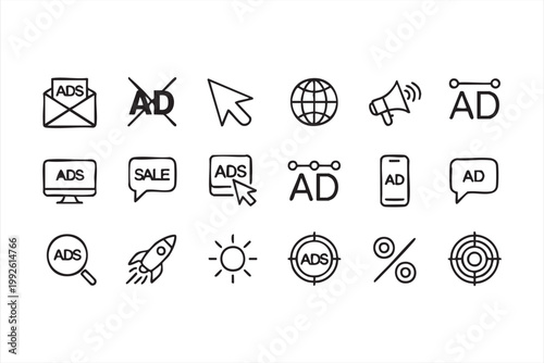 Online advertising and marketing icon set, ads, promotion, branding, conversion symbols for interface design