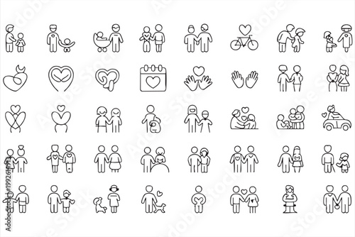 Family lifestyle and relationship icons, love, parenting, emotional connection symbols for UI systems