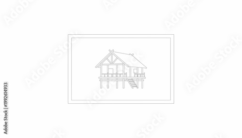 Hand-drawn sketch of a traditional stilt house with a thatched roof and stairs