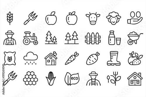 Sustainable agriculture and farming icons, organic food, livestock, eco system symbols for UI systems