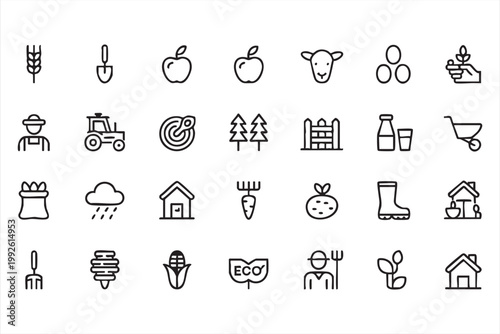 Organic food and farming icon set, agriculture, eco sustainability, crop production symbols for interface design
