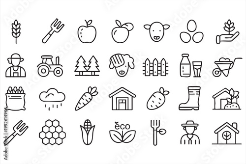 Farming and organic food icons, agriculture, eco sustainability, crop production symbols for applications