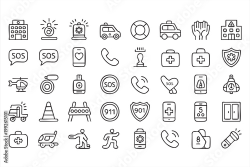 Emergency rescue and medical icons, healthcare support, ambulance service symbols for applications