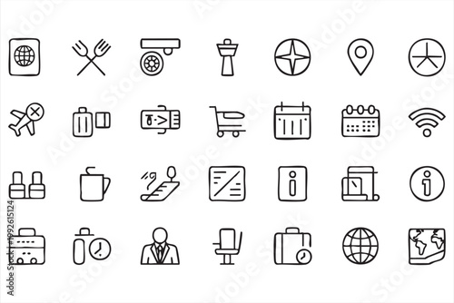 Travel and tourism icons, airport, flight, hotel booking, navigation symbols for web and app UI