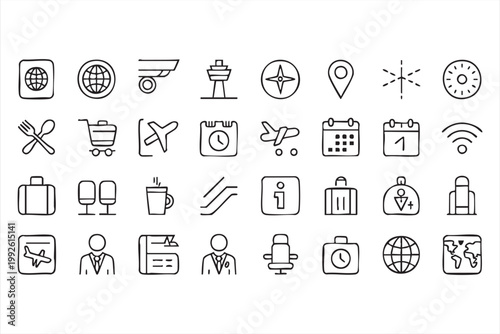 Airport and airline icon set, travel, tourism, vacation planning symbols for interface design