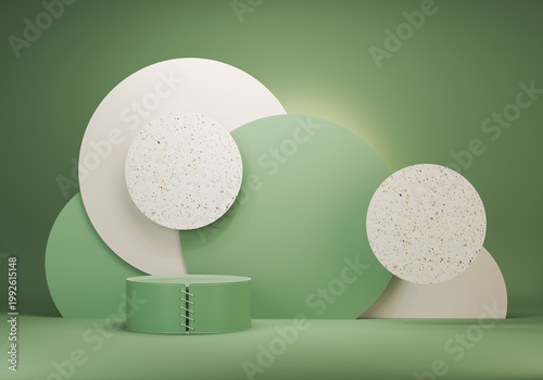 Minimal scene with podium and abstract background. Pastel blue and white colors scene. Trendy 3d render for social media banners, promotion, cosmetic product show. Geometric shapes interior.