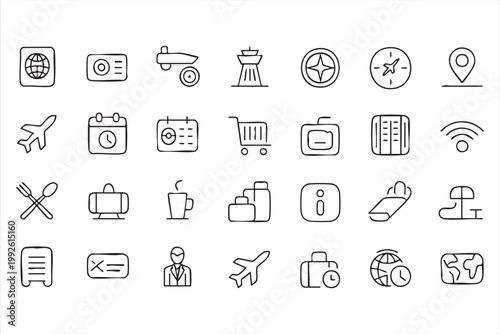 Travel booking and tourism icons, airport, flight, hotel service symbols for UI systems