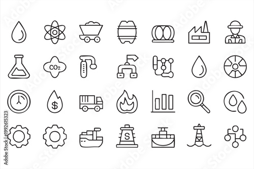 Energy production and oil gas icons, power industry, sustainability symbols for applications