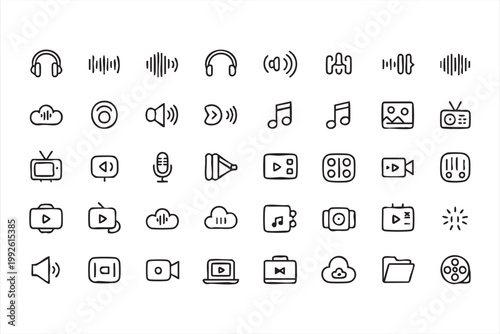 Music and video multimedia icon set, audio, streaming, recording, media player symbols for interface design