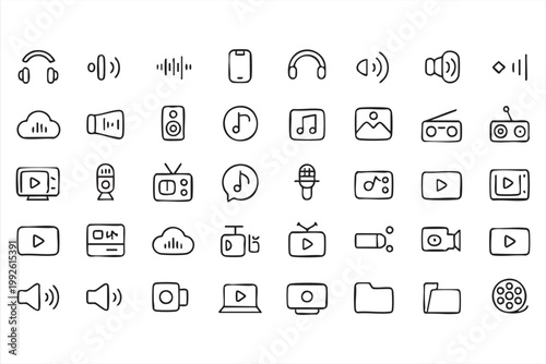 Sound and multimedia icons, music, video, streaming, podcast symbols for UI systems