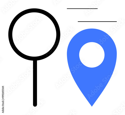 Navigation, route planning, exploration, geolocation services, travel, digital maps. A magnifying glass and blue map pin icon with motion lines. Navigation and geolocation services concept