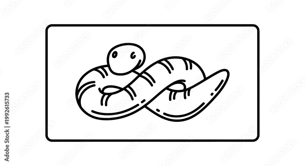 Fototapeta premium Cute cartoon snake coiled up, black and white line drawing, simple illustration, isolated on white background