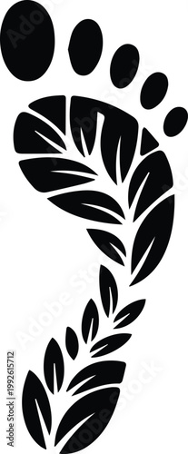 Minimalist black human footprint made of leaves carbon footprint silhouette vector icon