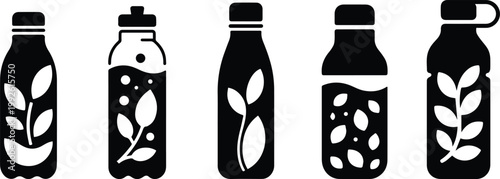 Set of Minimalist black reusable glass water bottle silhouette vector icon