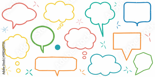 Colorful hand drawn speech bubbles and thought balloons on a white background